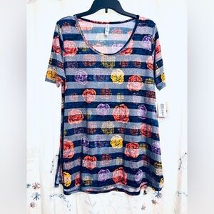 LuLaRoe Womens Perfect T- Shirt Blue/Grey Striped W/ Roses Size S